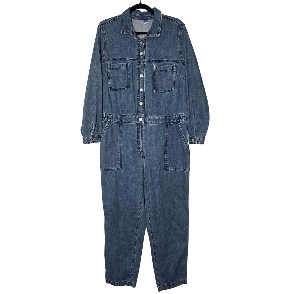 Old Navy Jumpsuit Womens L Blue Denim Utility Long Sleeve Button Front Pockets